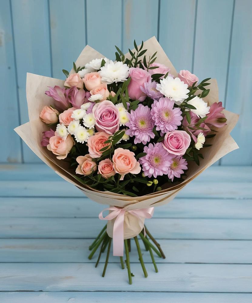 Букет цветов из: Хризантемы, Розы и Альстромерии в Новокорсунской