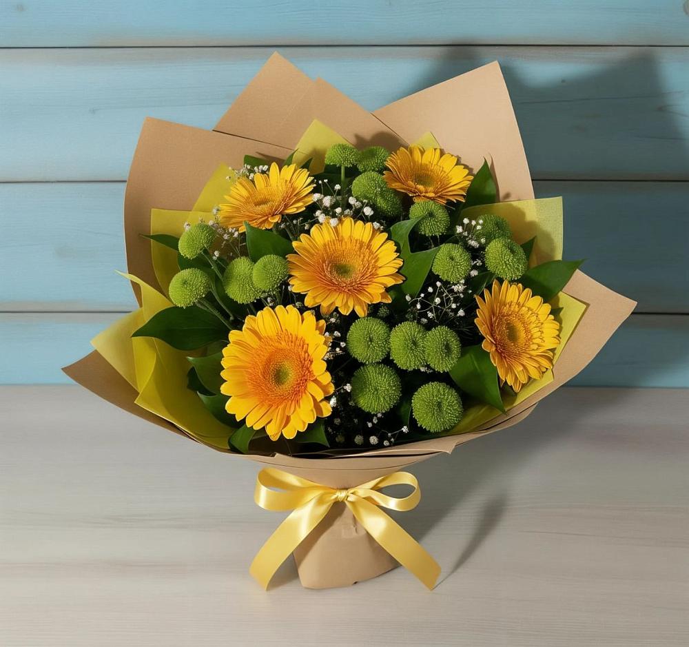Букет цветов из: Герберы и Хризантемы в Новокорсунской