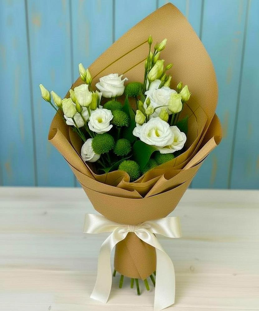 Букет цветов из: Хризантемы и Лизиантусы в Новокорсунской