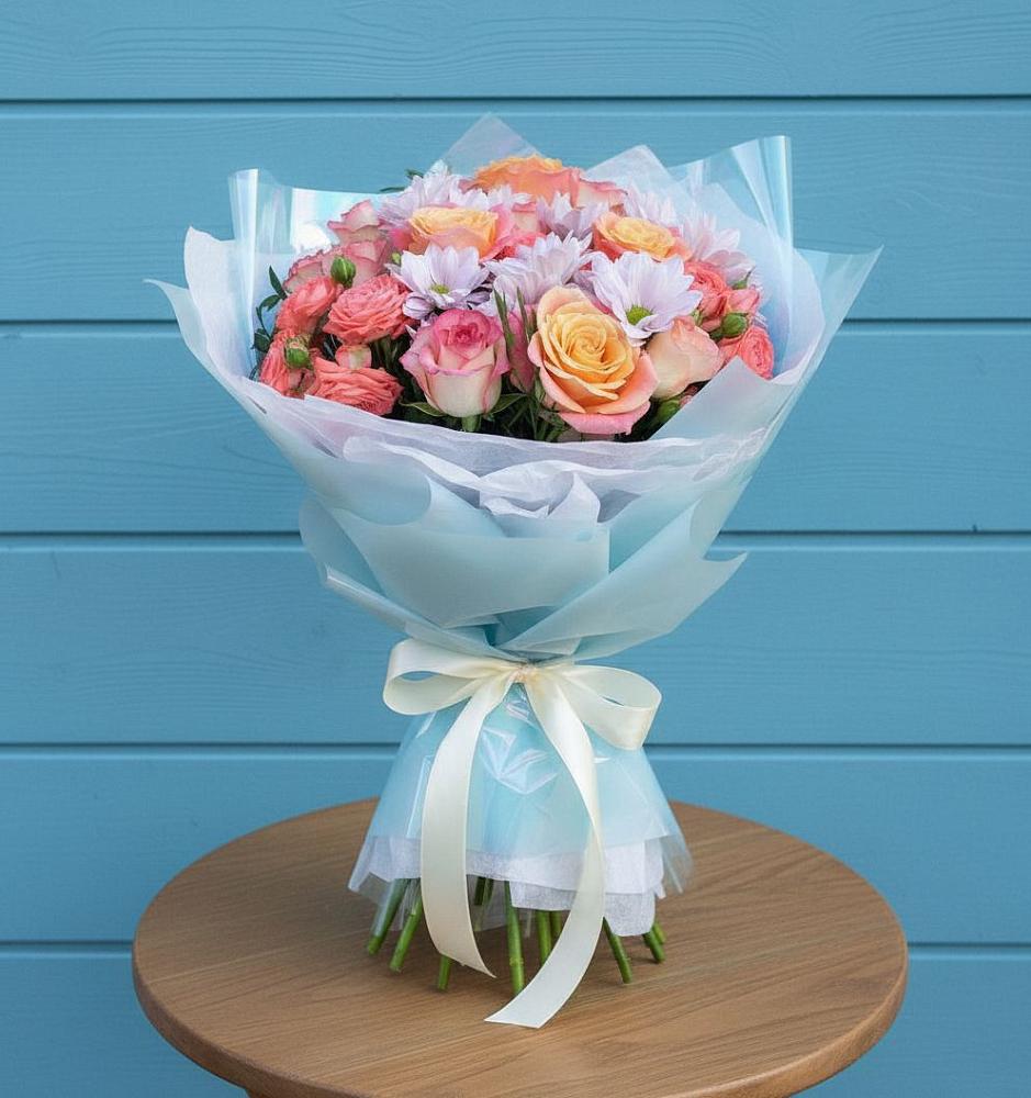 Букет цветов из: Хризантемы и Розы в Новокорсунской