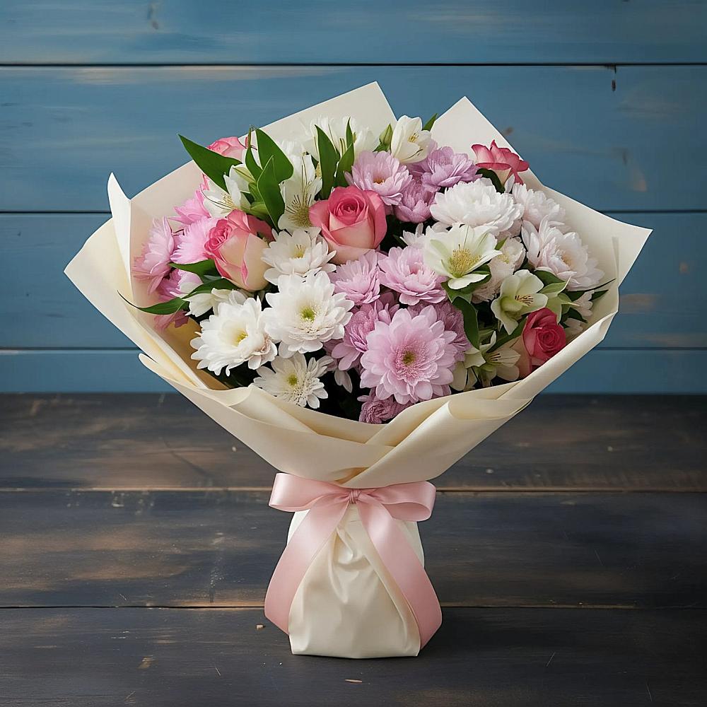 Букет цветов из: Хризантемы, Альстромерии и Розы в Новокорсунской